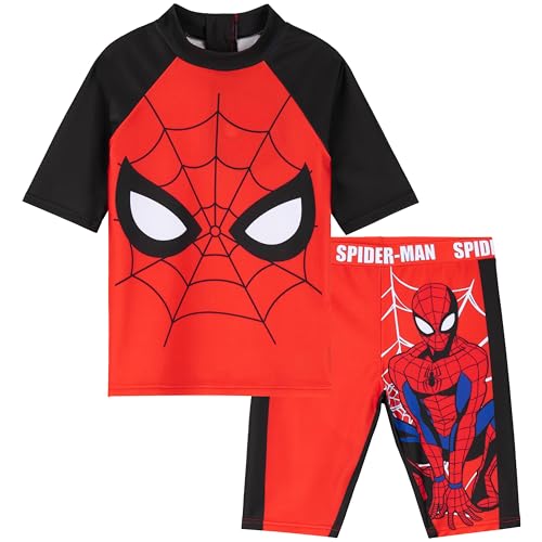 Marvel Spiderman Badeanzug Kinder, Zweiteiliger Schwimmanzug mit Oberteil & Badehose Jungen (5-6 Jahre, Rot/Schwarz)