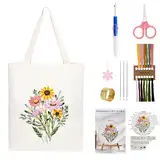 Sticken Set Erwachsene Anfänger, Mit Blumenmuster Canvas Tasche Stickerei Set, Kreuzstich Embroidery Tote Bag, Taschen Stickset für Anfänger Erwachsene, Stickerei Set Inklusive Anleitung, Nadeln, Fäde