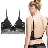 BOFUNX Damen Rückenfreier BH U-Förmiger Rücken BH Triangel Spitze Bralette mit Tief V-Ausschnitt für Brautkleider und Abendkleider (as3, Alpha, x_l, Regular, Regular, Schwarz)