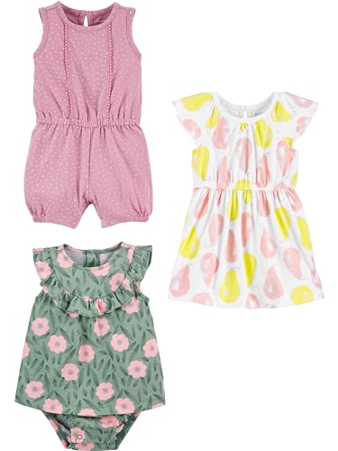 Simple Joys by Carter's Baby Mädchen 3-Pack Romper, Sunsuit and Dress Strampelhose, Birnen/Blumen/Punkte, 12 Monate (3er Pack)