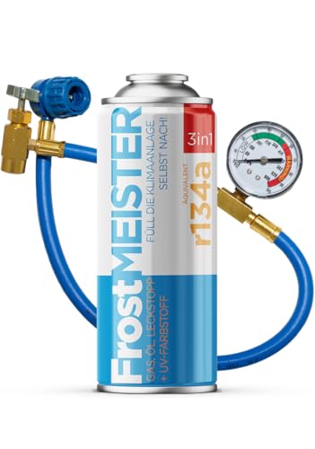 FrostMEISTER 3in1 – Komplettes Nachfüllset für Auto-Klimaanlagen (400 ml + Manometer-Schlauch) – Enthält Gasersatz, Kompressoröl & Dichtmittel für schnelles, sicheres AC-Upgrade (R134a, 1995–2016)