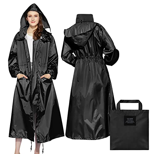 LAMA Stilvoller langer Regenmantel Unisex Regenponcho mit Wasserdichte Pattentasche Kapuze Tunnelzug Erwachsene Regenbekleidung Regencape Regenjacke Raincoat Regenschutzbekleidung Damen, Schwarz XL