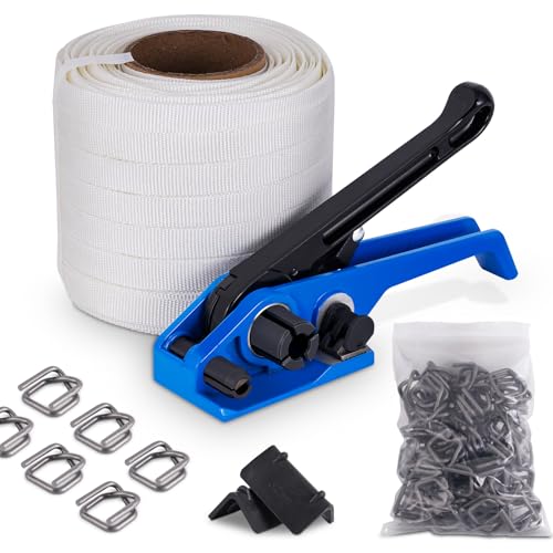 BAOSHISHAN Umreifungsset mit 19mm Textilband gewebt für Palettenverpackung (2-in-1 Spanner, 100m Textil Umreifungsband, 100 Phosphatknopf, 20 Verpackungsecke)