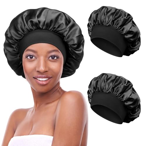 Kiiwah 2 Stück Satin Bonnet Schlafhaube Seide Locken Atmungsaktive Seide Schlafmütze Verstellbare Silk Bonnet Seidenhaube zum Schlafen Weiche Satin Haube für Damen Mädchen(Schwarz)