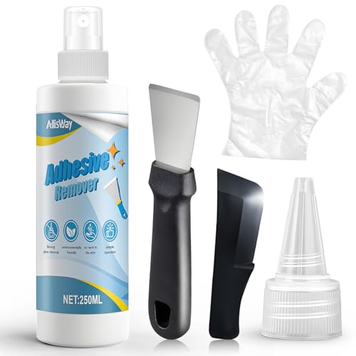 AllisWay Sekundenkleber Entferner, Kleberentferner, Etikettenentferner, Aufkleberentferner, Élimine efficacement les autocollants et les traces de colle sur diverses surfaces, Mit Metallklinge, 250ML