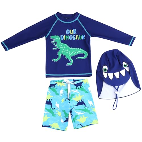 AIWUHE Jungen Badeanzug Zweiteiliger Swimsuit Trunk and Rashguard Set Schwimmshirt Uv-Schutz Dinosaurier Bade-Set mit Hut Grüner Dinosaurier 120