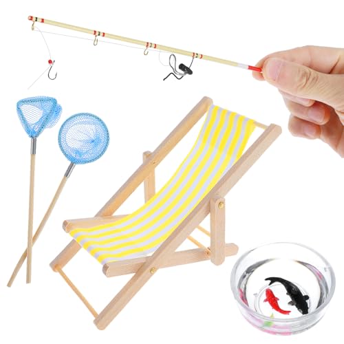 Yuanchu Miniatur Puppenhaus Deko, Mini Stranddekorationen 5 St 1:12 Fishing Dekoration Strand Möbel Modell Garten Zubehör DIY Zen Garten Party Favor Strandstuhl Puppenliegestuhl Angelrute Fischernetz