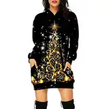 Weihnachtskleid Damen Christmas Oversize Weihnachtsbaum Print Hoodie Kleid Weihnachtspullover Damen Langes Jumperkleider mit Taschen Festliche Aufdruck Abendkleid Xmas Partykleid