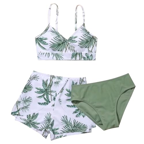 Generisch 2025 3-teiliger Badeanzug für Mädchen, niedliches Bikini-Set mit Blumendruck und Strandshorts, Hosen, Kinderbadebekleidung Bikini Mädchen 92 (White, 7-8 Years)