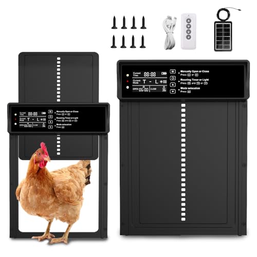 XPJBKC Automatische Hühnerklappe Solar, Hühnerklappe Automatisch mit Zeit/Temperatur/Lichtsensor/Fernbedienung, Elektrische Hühnerklappe, Hühnertür Automatisch, Intelligenter Einklemmschutz