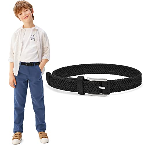 WHIPPY Kinder Gürtel Elastik Unisex Geflochtener elastischer Stretch Gürtel gewebter gürtel für Jungen und Mädchen Endspitze aus Leder mit Dornschließe, 3 cm breite, 85cm schwarz