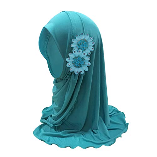 Mädchen Muslimischer Hijab Kinder Bandana Kopftuch Hut Mädchen Moslem Schal Turban Hut mit Blumen Sommer Arabische Hals Islamische Kopfkappe Kopfbedeckung Sonnenschutz Kappe, 2-7 Jahre alt (Blau grün)