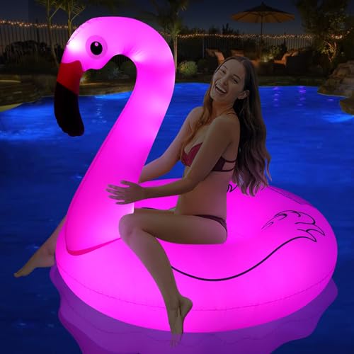 DeeprBling Aufblasbar Flamingo Schwimmring mit Lichtern, Solarbetriebener Schwimmreifen Flamingo, Großer Pool Schwimmring Flamingo für Erwachsene, Wasser Pool Flamingo Luftmatratze (106x106x100 cm)