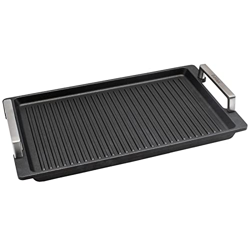 Eurolux geriffelte Grillplatte 41 x 24 cm - induktive vollflächig gerillte Servierplatte Aluguss beschichtet mit Edelstahlgriffe - Made in Germany