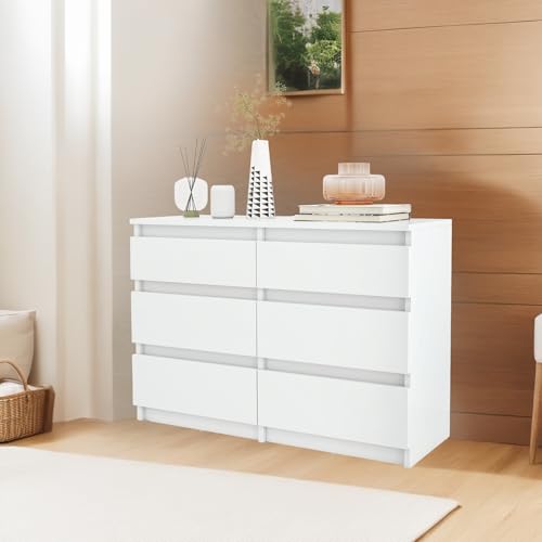 YITAHOME Kommode, 6 Schubladen Schlafzimmerschrank, modernes Möbel 100x30x70cm, stabil & sicher, aus Holz, mit Laufschienen, Weiß
