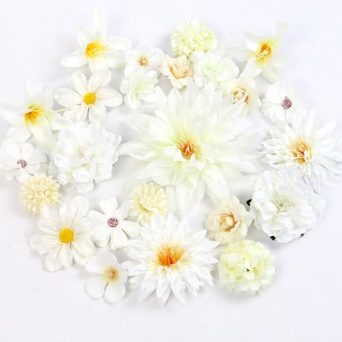 LARDUX 24 Stücke Kunstblumen Köpfe,künstliche blumenköpfe klein Blüten Künstlich blütenköpfe groß Seidenblumen Köpfe Masse Mix für DIY Basteln Scrapbooking Hochzeit Party Home Handwerk Deko-Weiß