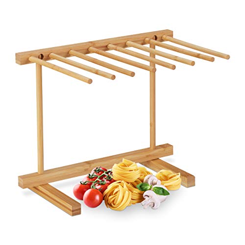 Relaxdays Nudeltrockner, 8 Stangen, lange Pasta platzsparend trocknen, faltbar, Nudelständer Bambus, 28 cm hoch, natur, 28.5 x 35.5 x 26.5 cm, Hellbraun