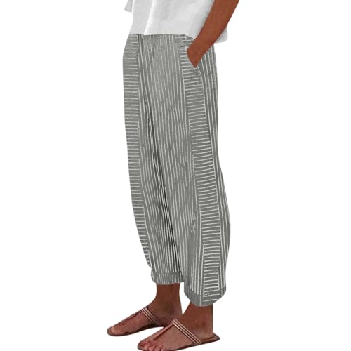 Lagerverkauf Restposten Bauchweg Hose Damen Chino Hose Damen Sexy Leggings Damen Baumwoll Leinen Einfarbiges 7/8 Hosen Mit Taschen Y2K Pants (Light Gray, XXL)