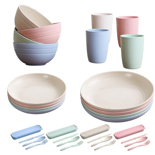 PIXESTT Camping Geschirr Set, Plastikgeschirr enthält 32 Geschirr, Das Outdoor Geschirrset in 4 Farben eignet sich für Familienessen, Picknick