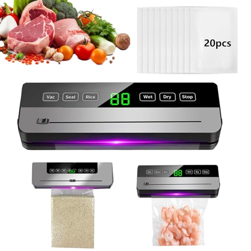 Vakuumiergerät, Vacuum Machine Vakumierergerät für Lebensmittel Abnehmbare Folienschweißgerät mit 20 Stück Vakuumierbeutel Vacuum Sealer mit Led Anzeige für Trockene Oder Feuchte Lebensmittel