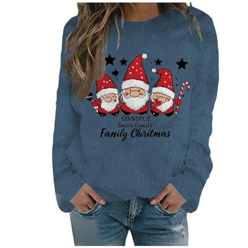 WKAYsIV fleecepulli Kinder Blauer Winter Fleece-Sweatshirt mit Blumendruck, langärmelig, Weihnachtsoberteil Pullis Damen(Blau,XL)