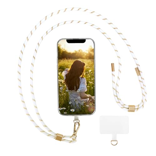AHABIPERS Handykette Universal, Nylon Handy Kette, Verstellbarer Crossbody Handyschnur, Handy Umhängeband Kompatibel mit Meisten Smartphones, TPU Handy-Patch mit Metallring - ohne Hülle (Weiß&Gold)