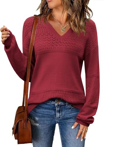 Zeagoo Damen Herbst Langarmshirt V Ausschnitt Warm Strickpullover Hollow Out Oberteile Langarm Sweater Laternenärmel Pullover Burgunderrot L