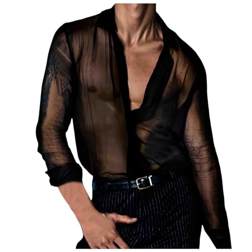 Duohropke Herren Muskel Transparent Netzhemd Sexy Netzshirt Slim Fit Muskel Jacke Netz Hemden Langarm T Shirt Nachtwäsche Männer Reizvoll Unterwäsche Mesh Tops Schwarz Durchsichtiges Oberteil