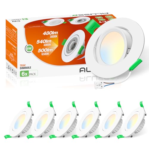 ALUSSO LED Einbaustrahler 230V 76mm, 6W Neigung Einbaustrahler LED Flach 25mm 3CCT Warmweiß 3000K Naturweiß 4000K Kaltweiß 6500K, Einbaustrahler LED Dimmbar für Küche Badezimmer Wohnzimmer 6er-Pack