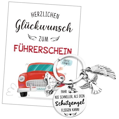BOOMTOP Schlüsselanhänger Führerschein Bestanden Geschenk Schutzengel Auto Glücksbringer Fahr nie schneller als dein Schutzengel fliegen kann Führerschein Geschenke Fahr Vorsichtig für Frau Mann