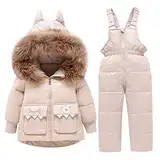 amropi Skianzug Mädchen Kinder Schneeanzug Daunenjacke mit Kaputze + Skihose 2tlg Bekleidungsset Winteranzug Beige,2-3 Jahre