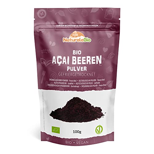 Acai Pulver Bio 100g - Gefriergetrocknet - Pure Organic Acai Berry Powder (Freeze-Dried) aus Brasilien, Getrocknet, Rohkost und Extrakt aus Pulp der Acai-Beeren Frucht. NaturaleBio