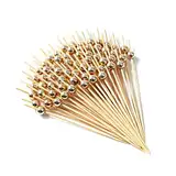 100 Cocktailspieße Holz Spieße Fingerfood Partypicker mit Gold Perle 12 cm für Grillgut, Fingerfood, Obst-Spieß, Candy und Antipasti für Party Geschenk Fasching Geburtstag Party