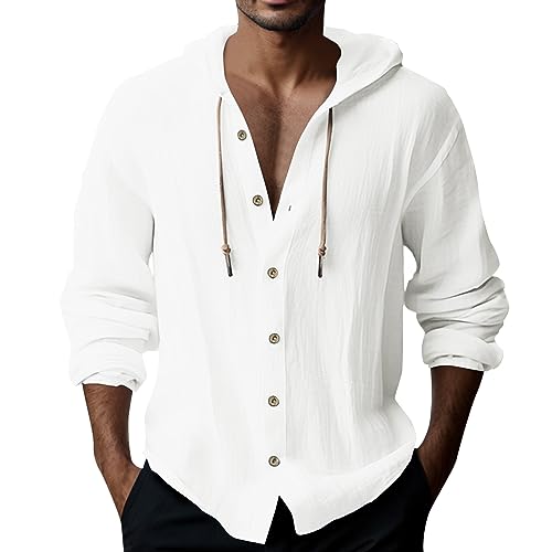 Zofedap Leinenhemd Herren mit Kapuze Sommer Hoodie Dünn Langarm Hawaii Hemd Männer Einfarbig Sommerhemd Lässig Freizeithemden Langarmshirt Linen Kapuzenhemd