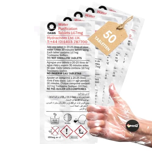 LevinQ Wasserreinigungstabletten [50Stk] *NSFgeprüft* Vorteilspack 100% keimfreies Trinkwasser 25Ltr/Tablette + Handschuhe PE | Wasserentkeimungstabletten fur Krisenvorsorge Outdoor, Notfall