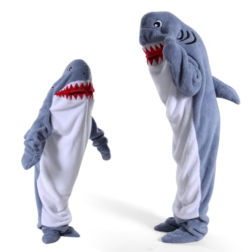 DASIAUTOEM Shark Blanket, Hai Decke Onesie, Gearable Shark Blanket Deckenpullover für Damen Herren, Hai Deckenkapuzenpullover, Hai Schlafsack Geschenke für Erwachsene Jugendliche Kinder (190)