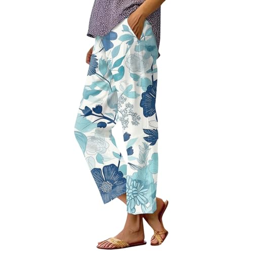 Sommerhose Damen Mode Arbeitshose Leicht Stoffhose Gestreift Freizeithose 3/337 Bequeme Wanderhose Luftig Jogginghose Elastische Taille Radlerhose Anzughose Strandhose(A42 Light Blue,M)