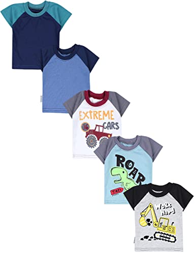 TupTam Baby Jungen Kurzarm T-Shirt mit Aufdruck Unifarben Sterne Streifen 5er Set, Farbe: Bagger Monster Tuck Dino Grau Blau Grün, Größe: 80