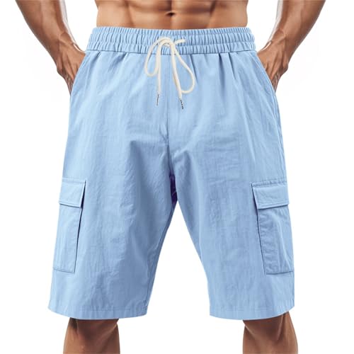 Generisch Herren Leinen Shorts Bermuda Kurz Hose Leicht Sommershorts Gummizug Freizeithose Cargohose mit 4 Taschen Tennis Sporthose Jeans Tennishose Baumwolle