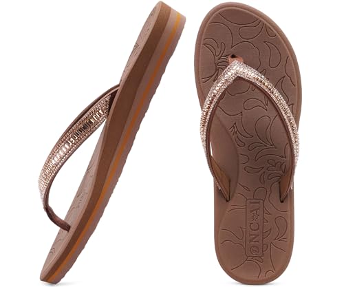 ONCAI Damen Zehentrenner Flip Flops mit Glitter Indoor/Outdoor Sommer Schwimmbad Strand Komfort Strand Plattform Angenehme Sandalen Badelatschen mit Orthopädie Arch Support Braun Größe 39 EU