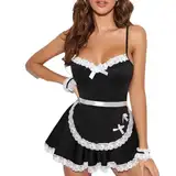 Satohom Damen Sexy Dessous Französisch Maid Cosplay Kostüm Mit Schürze und Armband Naughty Spitze Rock Nachtwäsche Dienstmädchen Teddy Negligee Fancy Dress Nachthemd Minikleid Einheitsgröße