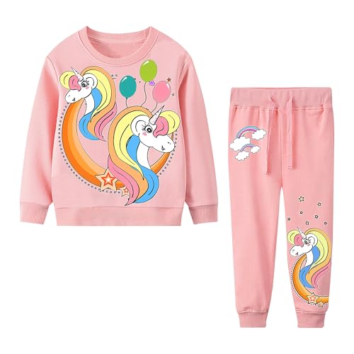 JinBei Trainingsanzug für Mädchen Luftballon Regenbogen Jogginganzug Pullover Anzug Sweatshirt & Hosen Set Baumwolle Rosa Sportanzug Kleidungssätze Alter, Gr.110-116