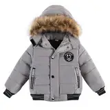 linboo Jungen Winterjacke Outdoor Mantel Parka mit Fellkapuze Steppjacke Baumwolle Kinderjacke Warm Wintermantel Gefüttert Winter Kapuzenjacke, Grau, 86-92(Herstellergröße: 90)