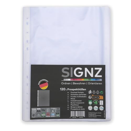 SIGNZ Prospekthüllen (DIN A4, 55 my), 120 Stück, genarbt, CO2-neutral hergestellt, made in Germany