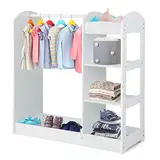 DREAMADE Kinderkleiderschrank mit Spiegel und Kleiderstange, Kinder Kleiderschrank Kinderregal mit 4 offener Ablagen, Kinder Kleiderständer für Kinderzimmer, 93,5x38x100cm (Weiß)