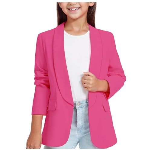 Mädchen Blazer Anzug Langarm Einfarbig Casual BlazerArbeit Büro Open Front Jacke Anzug Frühling Herbst Kinder Formale Offene Mädchen Blazer Anzugjacke für Kinder 3-14 Jahre (Hot Pink, 11-12 Years)