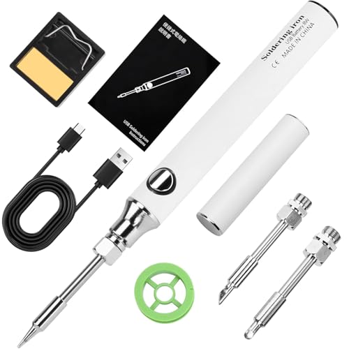 Tronisky Lötkolben Set, USB Akku Lötkolben mit 3 Temperatur Einstellbar 330℃-450℃, Professionelles Sicheres Lötkolbenset für Elektrische Arbeiten mit 3 Lötspitzen, Lötkolbenständer, Lötdraht-Weiß