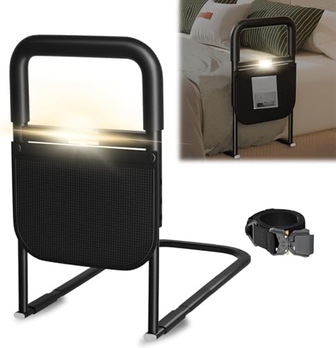 Airminti Aufstehhilfe Bett für ältere Erwachsene Höhenverstellbarer Haltegriff Bettschutzgitter mit Aufbewahrungstasche aufstehhilfe senioren Bewegungssensor Licht Withstand 180KG (60x32x53CM)