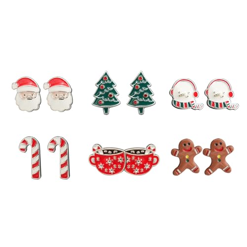 Weihnachten Ohrstecker Set, 6 Paare Ohrstecker Weihnachten, Weihnachtsohrstecker, Santa Schneemänner Krücke Weihnachtsbaum Ohrstecker, Weihnachtsschmuck für Mädchen und Frauen