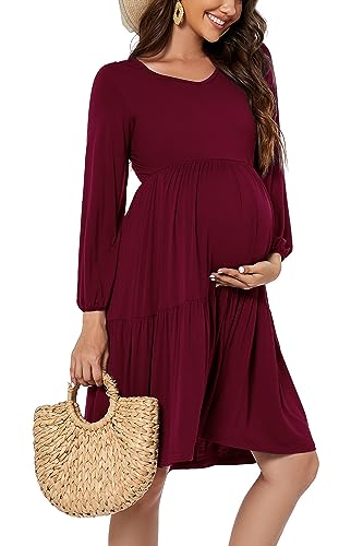 Smallshow Damen Umstandskleid Langarm Schwangerschafts Umstandsmode Kleid Maroon M